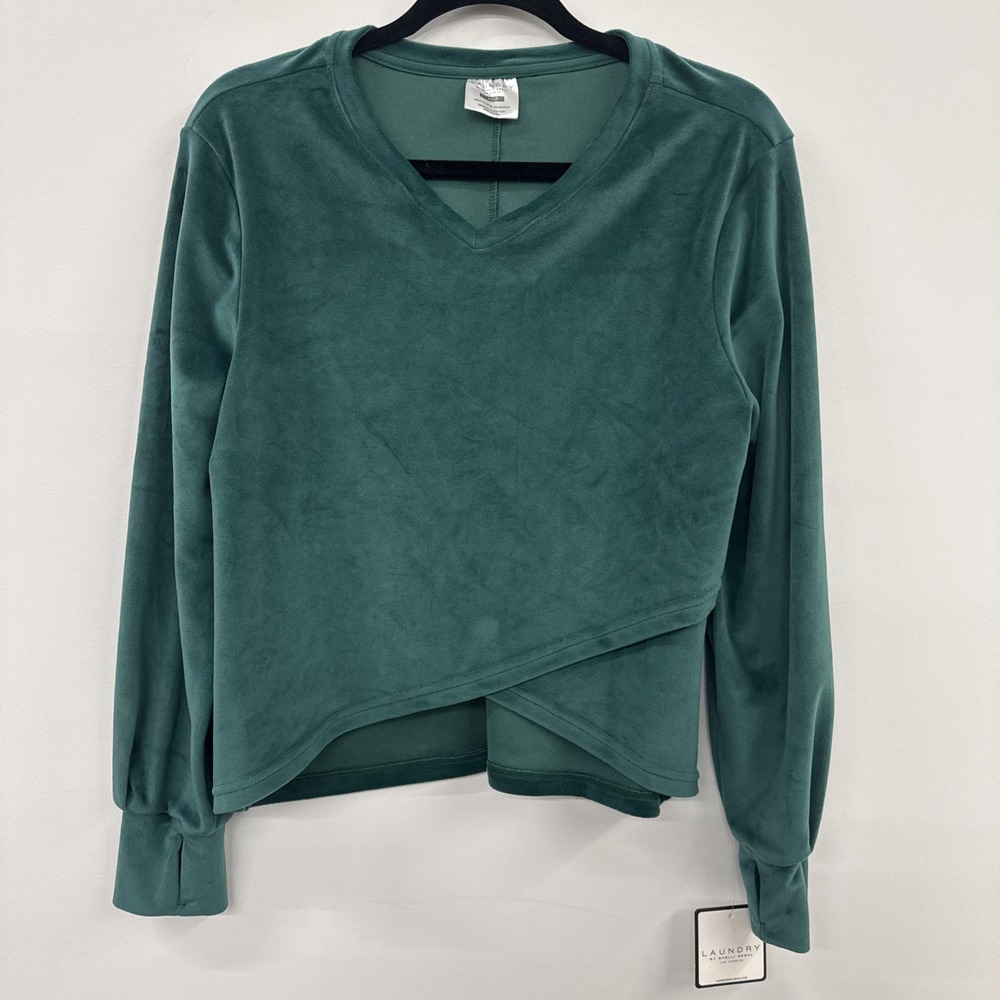 Laundry by Shelli Segal Velour Wrap V Neck Long Sleeve Top dark Green Large‎ NWT